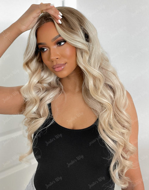 Zara-Ombre Ash Blonde Wavy Human Hair Wig Highlight 613 Body Wave Lace Front Wigs With Dark Roots