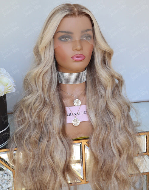 26" Ombre Highlight Ash Blonde Wavy 13x4 Lace Wig For Women Flash Deal