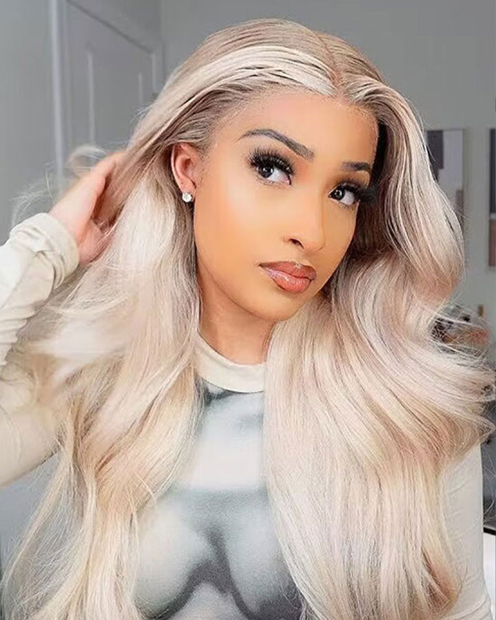 Zara-Ombre Ash Blonde Wavy Human Hair Wig Highlight 613 Body Wave Lace Front Wigs With Dark Roots