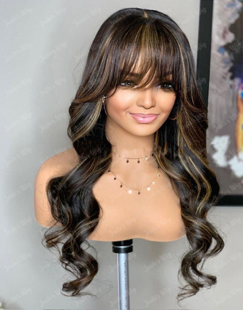 Cheryl- Pre Cut Highlight Honey Blonde Wig With Curtain Bangs Glueless Human Hair Lace Front Wigs