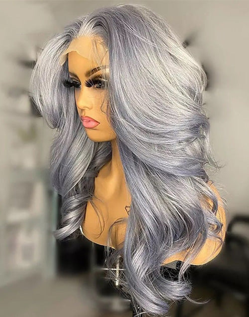 Grey-Ice Grey Color Wavy 13x4 Lace Front Wigs Glueless 4x4 Lace Human Hair Wig