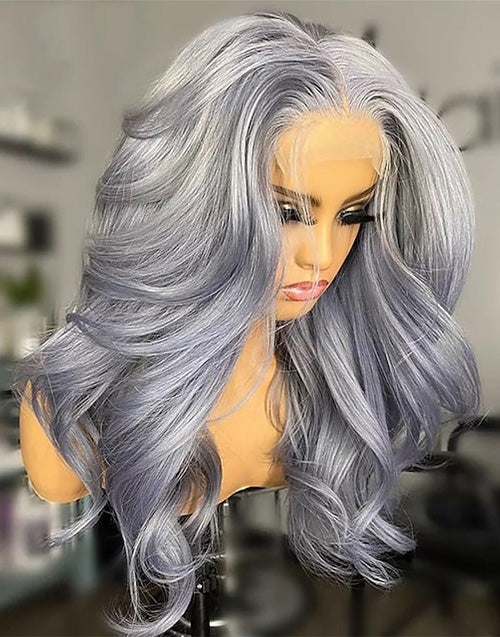 Grey-Ice Grey Color Wavy 13x4 Lace Front Wigs Glueless 4x4 Lace Human Hair Wig