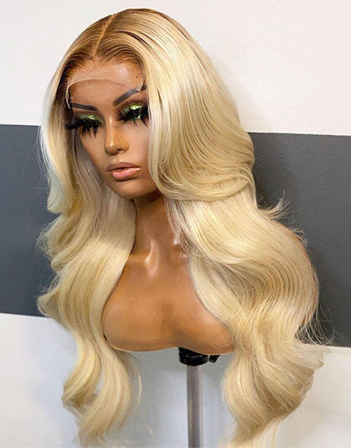 16" 18" 20" T4/613 Ombre Blonde Body Wave Lace Front Wigs With Brown Roots Flash Deal