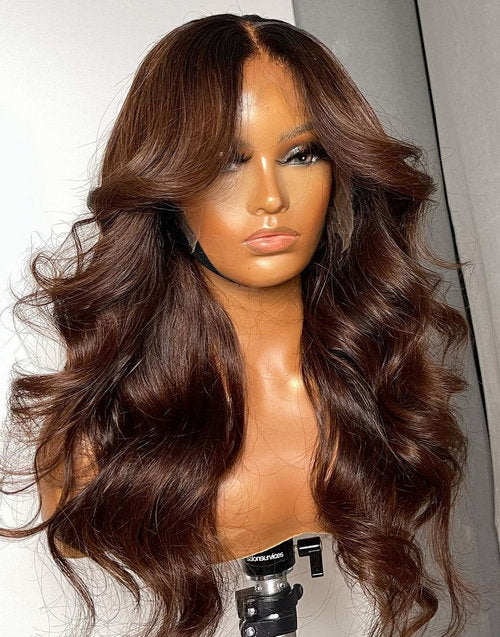 26" Brown Color Curtain Bangs Wavy Pre Cut 6x5 Lace Glueless Wig Flash Deal