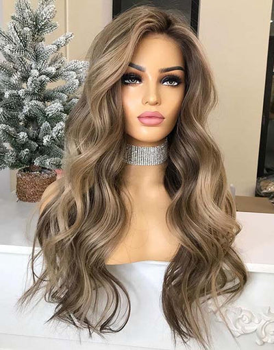 Ash Blonde Highlight Wavy 13x4 Lace Front Wig With Dark Roots Glueless Swiss Lace Human Hair Wig