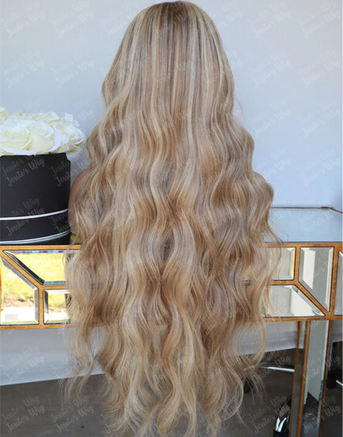 26" Ombre Highlight Ash Blonde Wavy 13x4 Lace Wig For Women Flash Deal