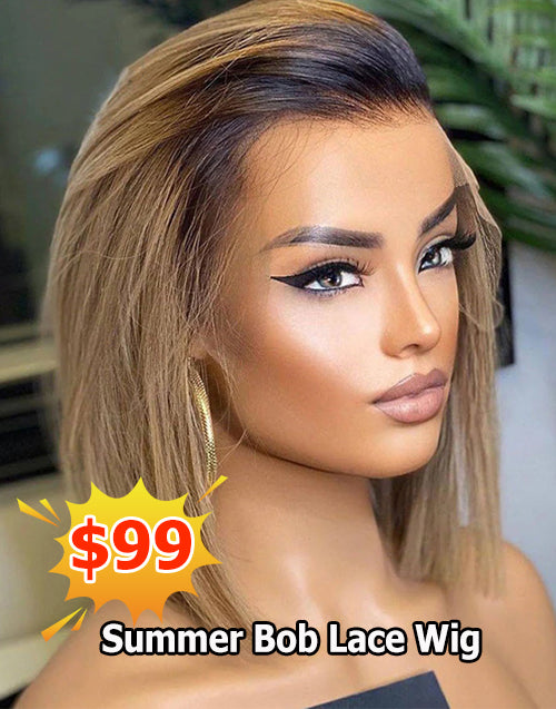Elma- Ombre Ash Blonde Short Straight Cut 13x4 Lace Front Bob Wig Glueless Human Hair Wig