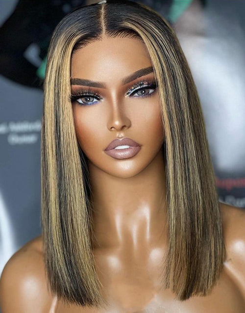 Debby- Smart-Fit Pull Go Highlight Honey Straight Short 13x4 Pre Cut Lace Front Bob Wig Glueless Human Hair Wig