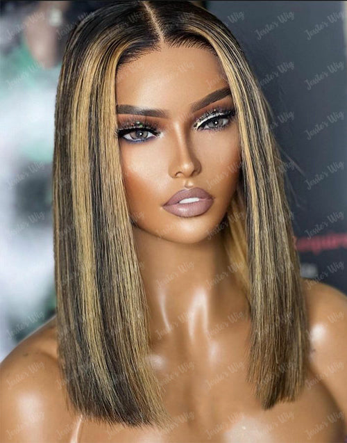 Debby- Smart-Fit Pull Go Highlight Honey Straight Short 13x4 Pre Cut Lace Front Bob Wig Glueless Human Hair Wig