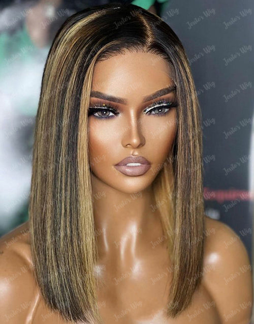 Debby- Smart-Fit Pull Go Highlight Honey Straight Short 13x4 Pre Cut Lace Front Bob Wig Glueless Human Hair Wig