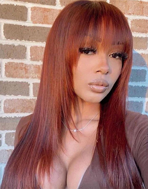 Dale- Pre Cut Reddish Brown Straight Wig With Bangs Layer Cut Glueless Human Hair Lace Front Wig