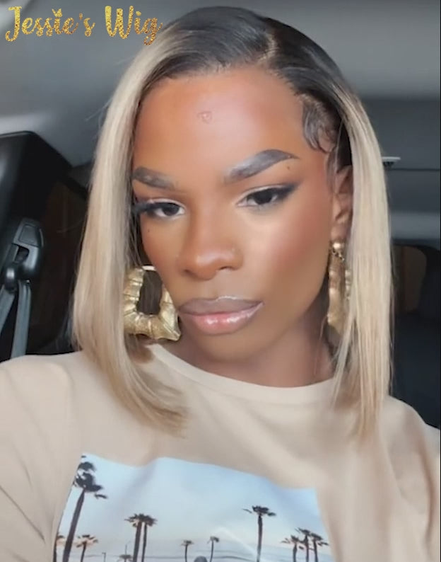 Elma- Ombre Ash Blonde Short Straight Cut 13x4 Lace Front Bob Wig Glueless Human Hair Wig