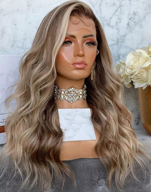 Laila-Highlight Blonde Wavy Human Hair Wig With Dark Roots Body Wave Lace Front Wigs