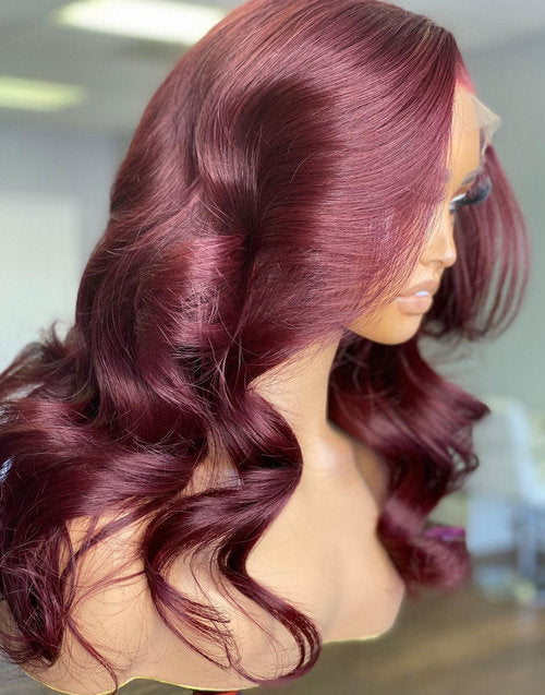 20" Dark Red Wine Color Body Wave 13x5 Pre Cut Lace Human Hair Glueless Wig Flash Deal