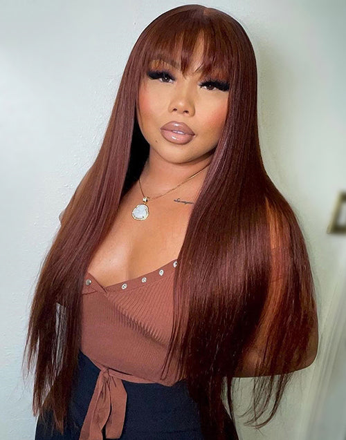 Hilary- Reddish Brown Straight 13x4 Lace Front Wig With Bangs Machinemade Human Hair Wig Easy to Go