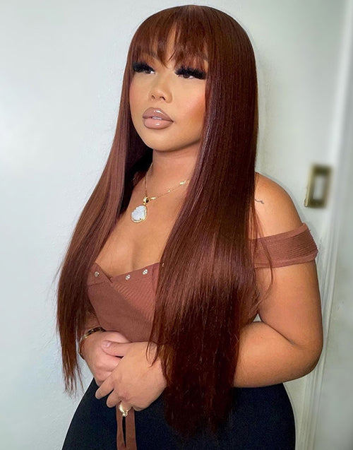 Hilary- Reddish Brown Straight 13x4 Lace Front Wig With Bangs Machinemade Human Hair Wig Easy to Go