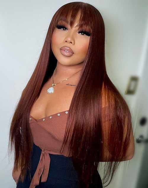 Hilary- Reddish Brown Straight 13x4 Lace Front Wig With Bangs Machinemade Human Hair Wig Easy to Go