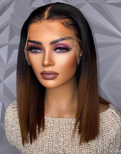 Maria- Smart-Fit Pull Go Glueless Ombre Dark Brown Straight 13x4 Lace Front Bob Human Hair Wig