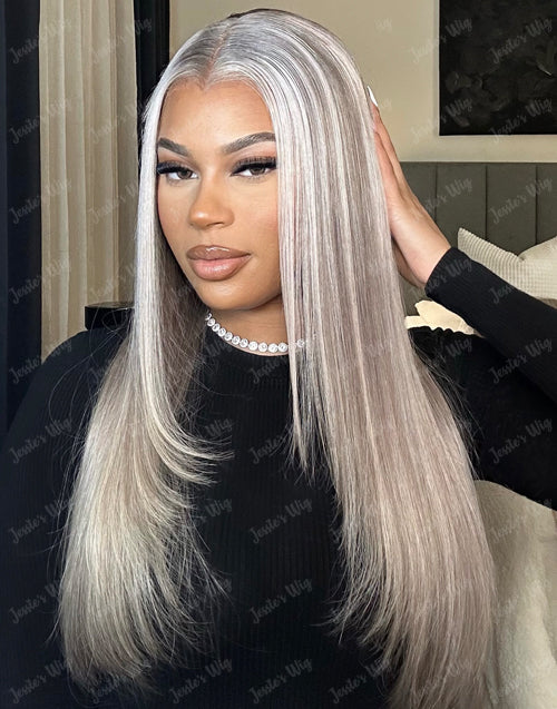 Aria- True-Hold Glueless Highlight Ash Blonde With Grey Roots Ombre Colored Straight 13x4 Lace Frontal Wig