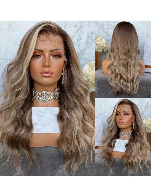 Laila-Highlight Blonde Wavy Human Hair Wig With Dark Roots Body Wave Lace Front Wigs