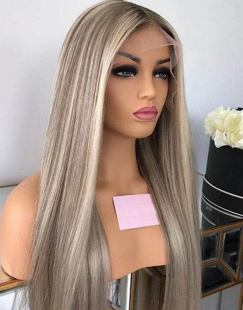 24" Ombre Ash Blonde Wig Straight 13x4 Lace Frontal Wig Flash Deal
