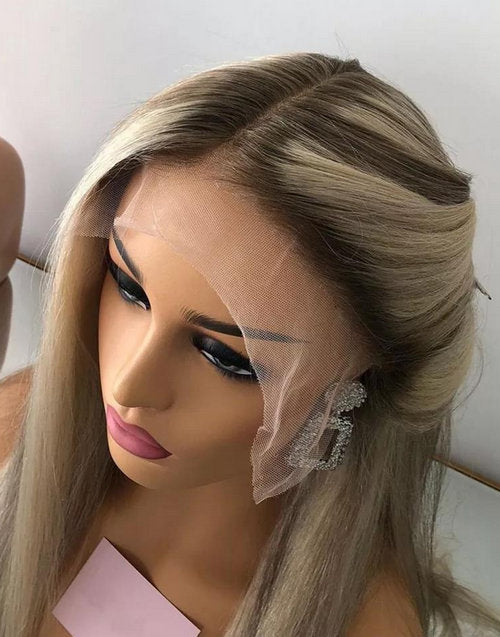 24" Ombre Ash Blonde Wig Straight 13x4 Lace Frontal Wig Flash Deal