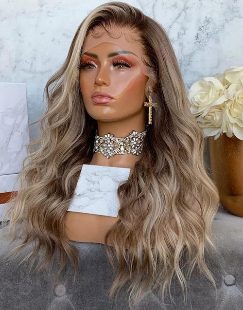 Laila-Highlight Blonde Wavy Human Hair Wig With Dark Roots Body Wave Lace Front Wigs