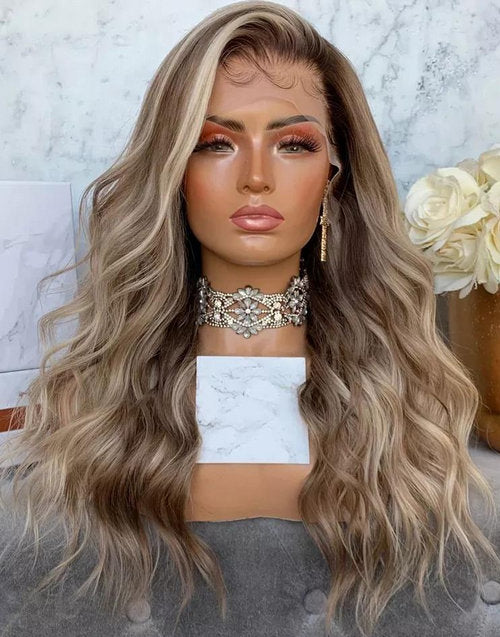Laila-Highlight Blonde Wavy Human Hair Wig With Dark Roots Body Wave Lace Front Wigs