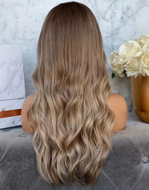 Laila-Highlight Blonde Wavy Human Hair Wig With Dark Roots Body Wave Lace Front Wigs