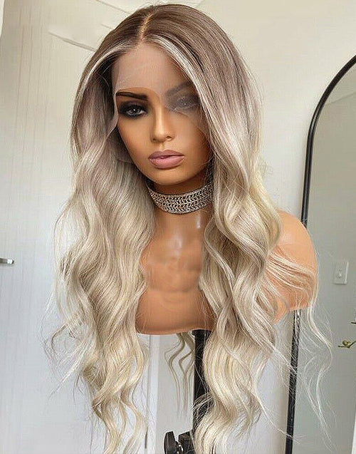 Zara-Ombre Ash Blonde Wavy Human Hair Wig Highlight 613 Body Wave Lace Front Wigs With Dark Roots