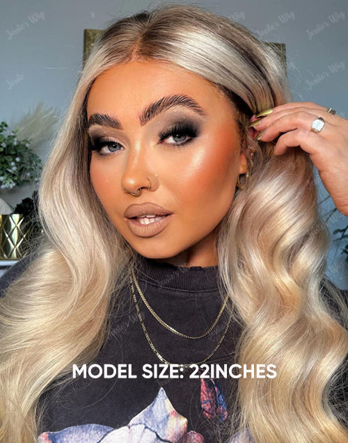 Zara-Ombre Ash Blonde Wavy Human Hair Wig Highlight 613 Body Wave Lace Front Wigs With Dark Roots
