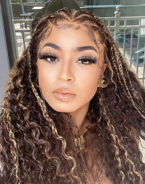 Wynter- (Can Do Braids )Highlight Honey Brown Curly Full Lace Human Hair Wig Need To Do By Yourself