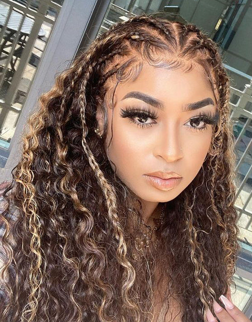 Wynter- (Can Do Braids )Highlight Honey Brown Curly Full Lace Human Hair Wig Need To Do By Yourself