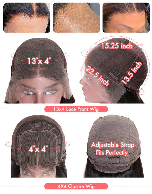 Wig cap size and structure diagram comparing Jessie's Wig 13x4 lace front wig and 4x4 closure wig