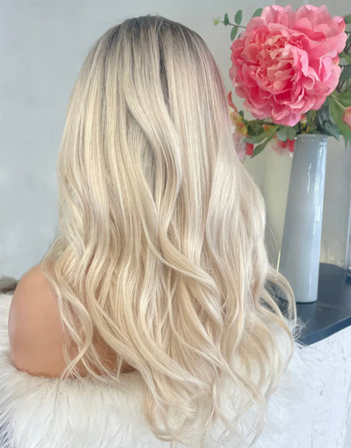 Lily-Ombre Light Ash Blonde Wavy 13x4 Lace Front Glueless Wig with Dark Roots