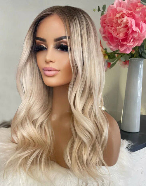 Lily-Ombre Light Ash Blonde Wavy 13x4 Lace Front Glueless Wig with Dark Roots